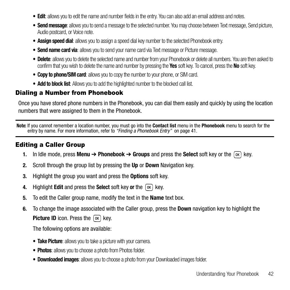 Dialing a number from phonebook, Editing a caller group | Samsung SGH-T229SRATMB User Manual | Page 45 / 140