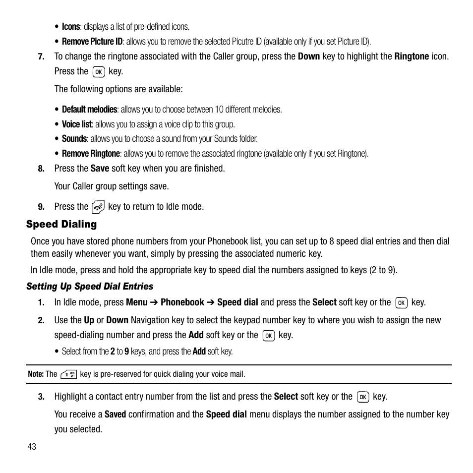 Speed dialing, Setting up speed dial entries | Samsung SGH-T229SRATMB User Manual | Page 46 / 140