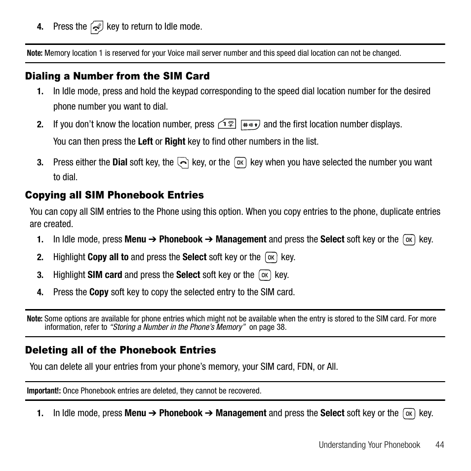 Dialing a number from the sim card, Copying all sim phonebook entries, Deleting all of the phonebook entries | Samsung SGH-T229SRATMB User Manual | Page 47 / 140