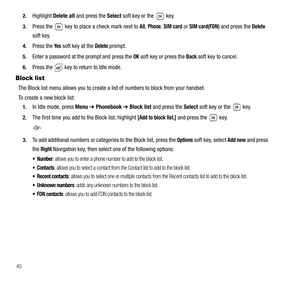 Block list | Samsung SGH-T229SRATMB User Manual | Page 48 / 140