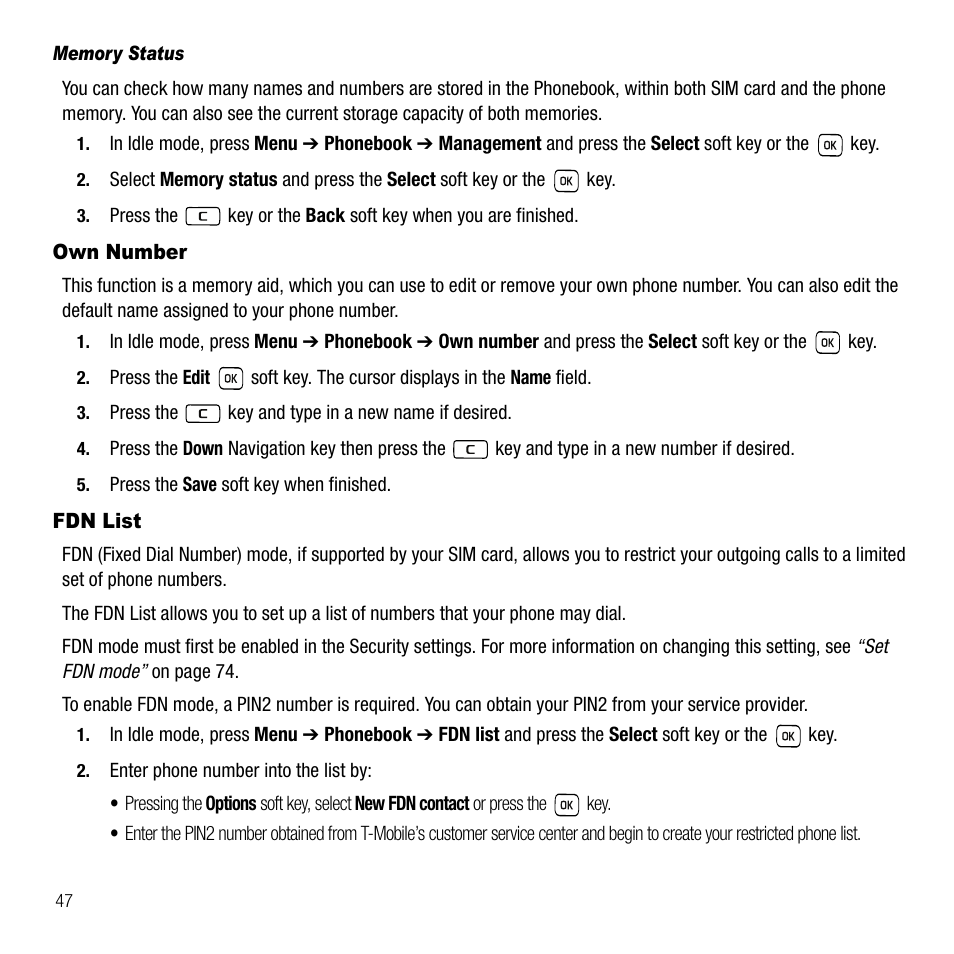 Memory status, Own number, Fdn list | Own number fdn list | Samsung SGH-T229SRATMB User Manual | Page 50 / 140