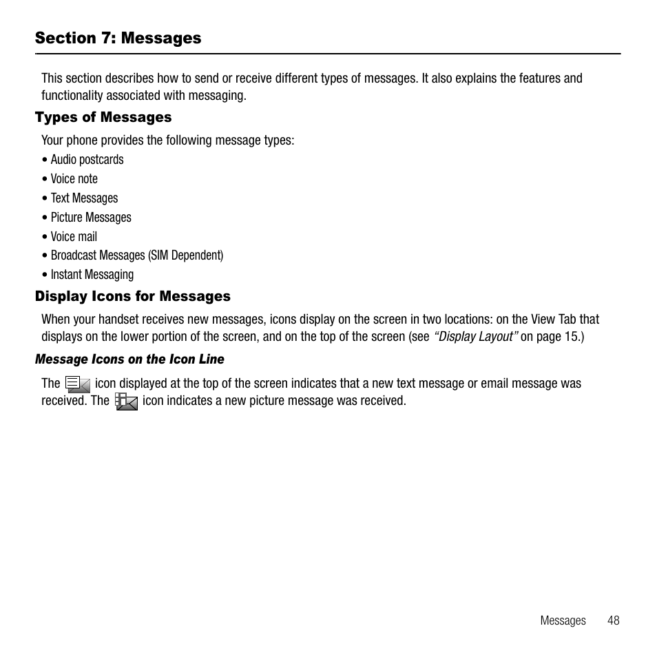 Section 7: messages, Types of messages, Display icons for messages | Message icons on the icon line, Types of messages display icons for messages | Samsung SGH-T229SRATMB User Manual | Page 51 / 140