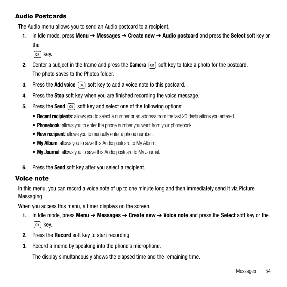 Audio postcards, Voice note, Audio postcards voice note | Samsung SGH-T229SRATMB User Manual | Page 57 / 140