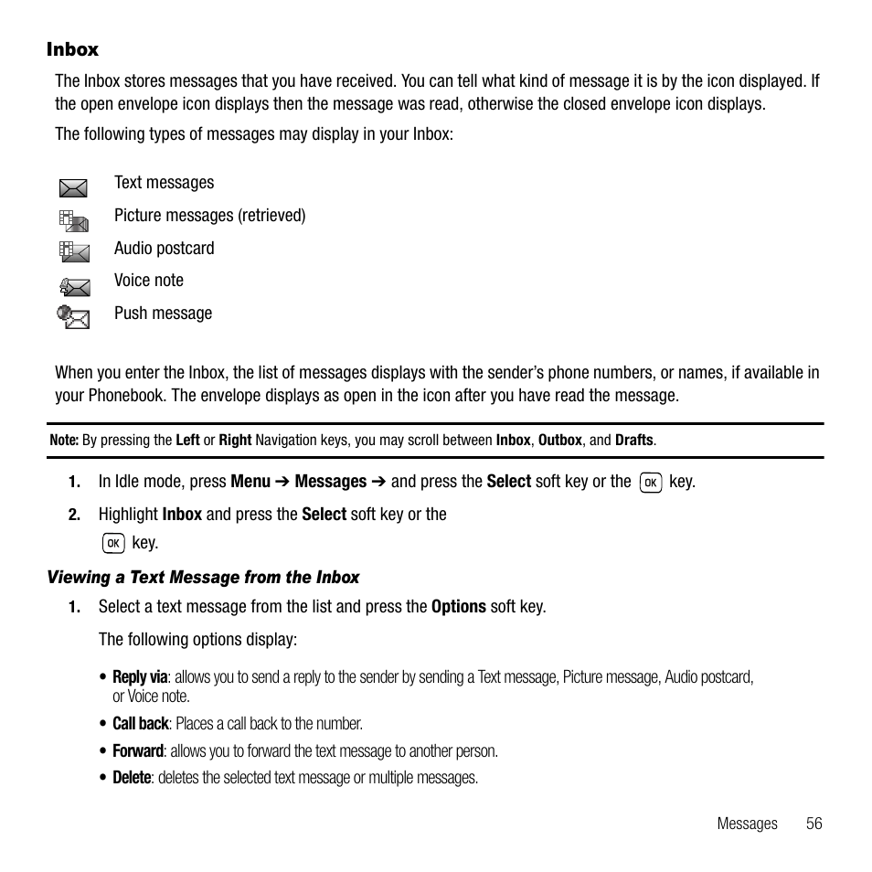 Inbox, Viewing a text message from the inbox | Samsung SGH-T229SRATMB User Manual | Page 59 / 140