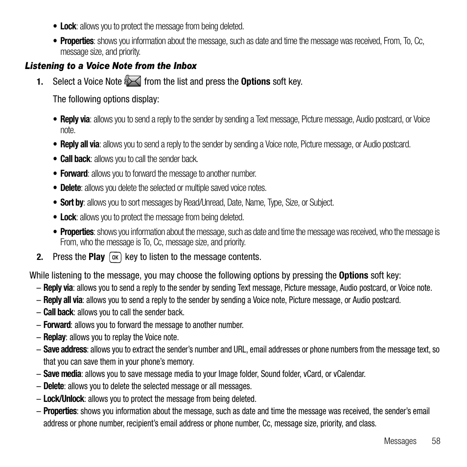 Listening to a voice note from the inbox | Samsung SGH-T229SRATMB User Manual | Page 61 / 140