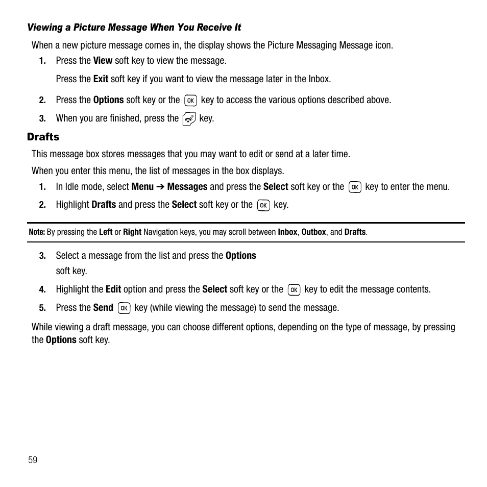 Viewing a picture message when you receive it, Drafts | Samsung SGH-T229SRATMB User Manual | Page 62 / 140