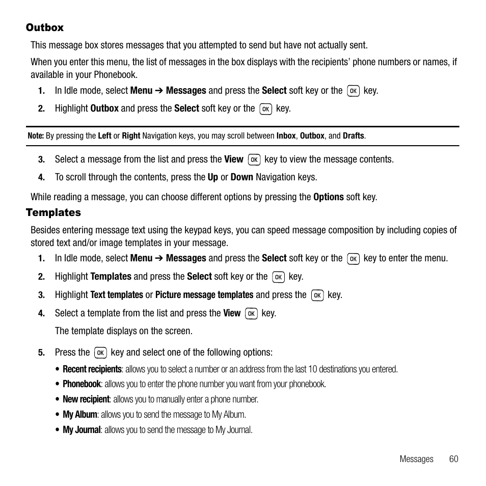 Outbox, Templates, Outbox templates | Samsung SGH-T229SRATMB User Manual | Page 63 / 140