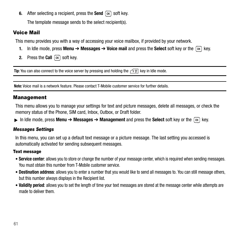 Voice mail, Management, Messages settings | Voice mail management | Samsung SGH-T229SRATMB User Manual | Page 64 / 140