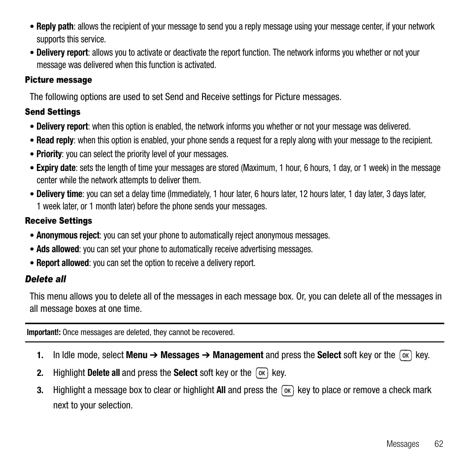 Delete all | Samsung SGH-T229SRATMB User Manual | Page 65 / 140