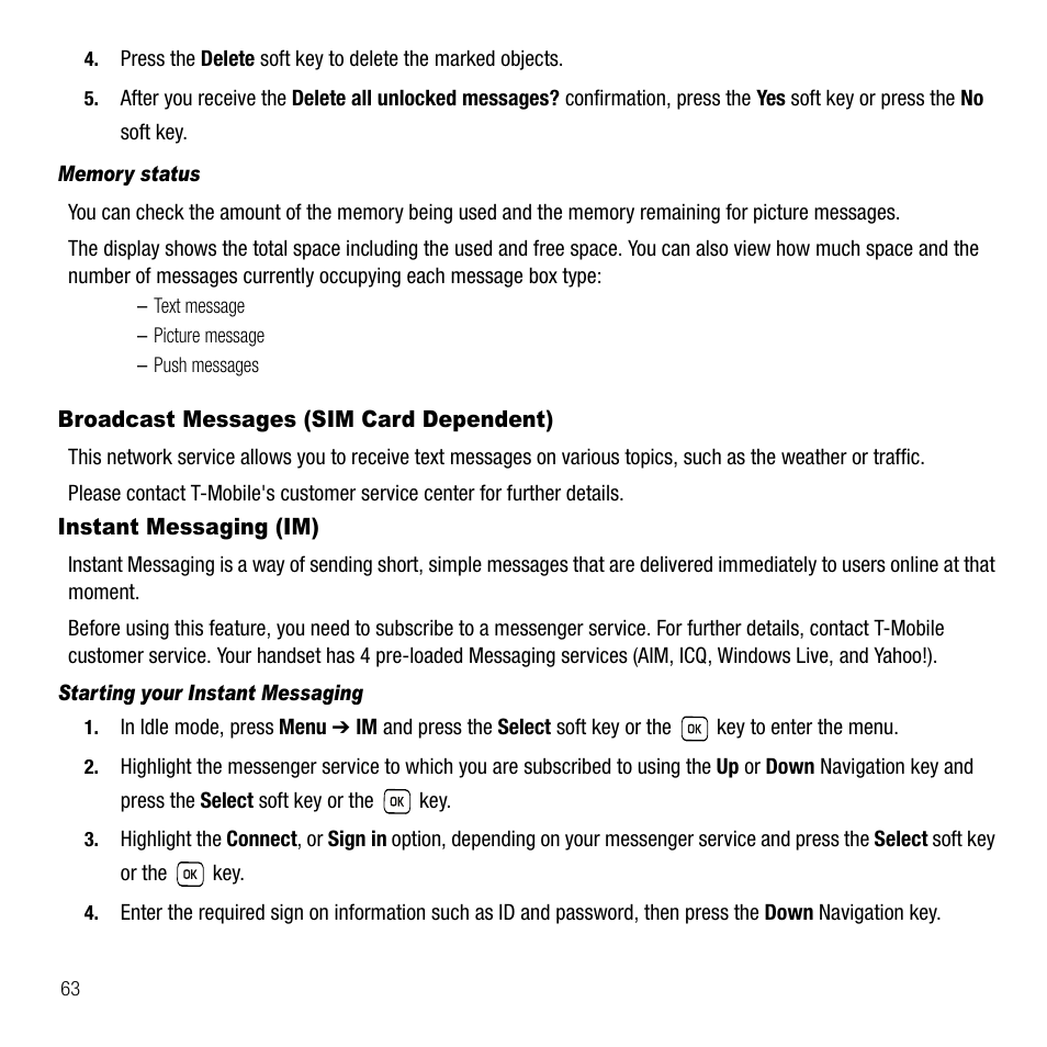 Memory status, Broadcast messages (sim card dependent), Instant messaging (im) | Starting your instant messaging | Samsung SGH-T229SRATMB User Manual | Page 66 / 140