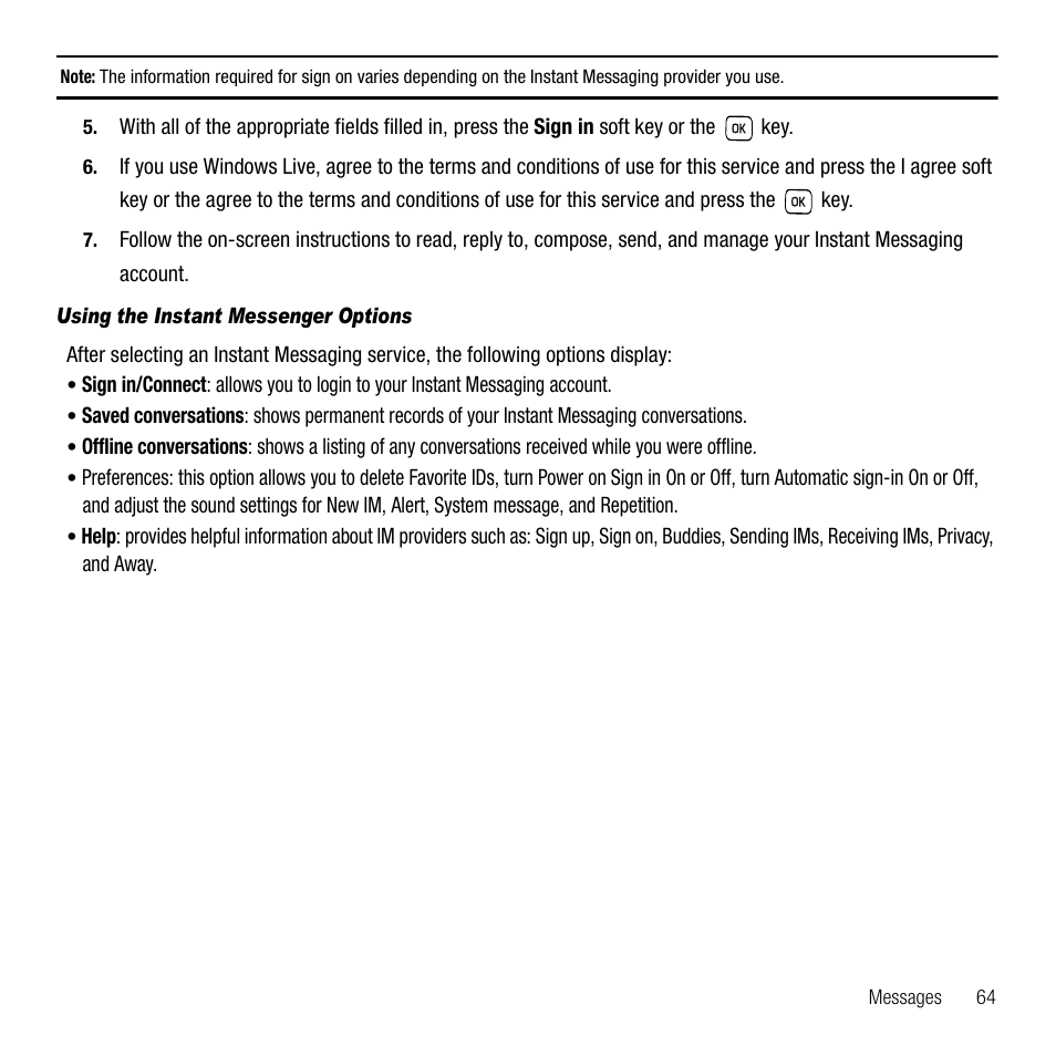 Using the instant messenger options | Samsung SGH-T229SRATMB User Manual | Page 67 / 140