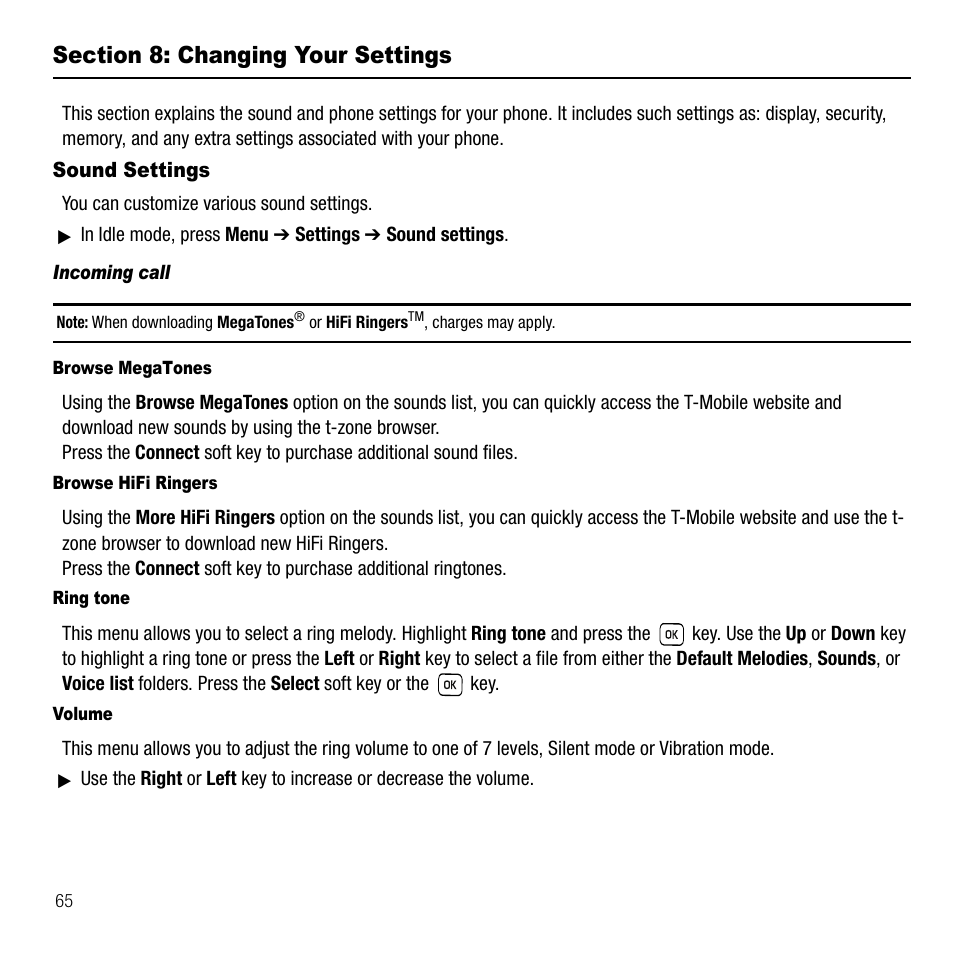 Section 8: changing your settings, Sound settings, Incoming call | Samsung SGH-T229SRATMB User Manual | Page 68 / 140