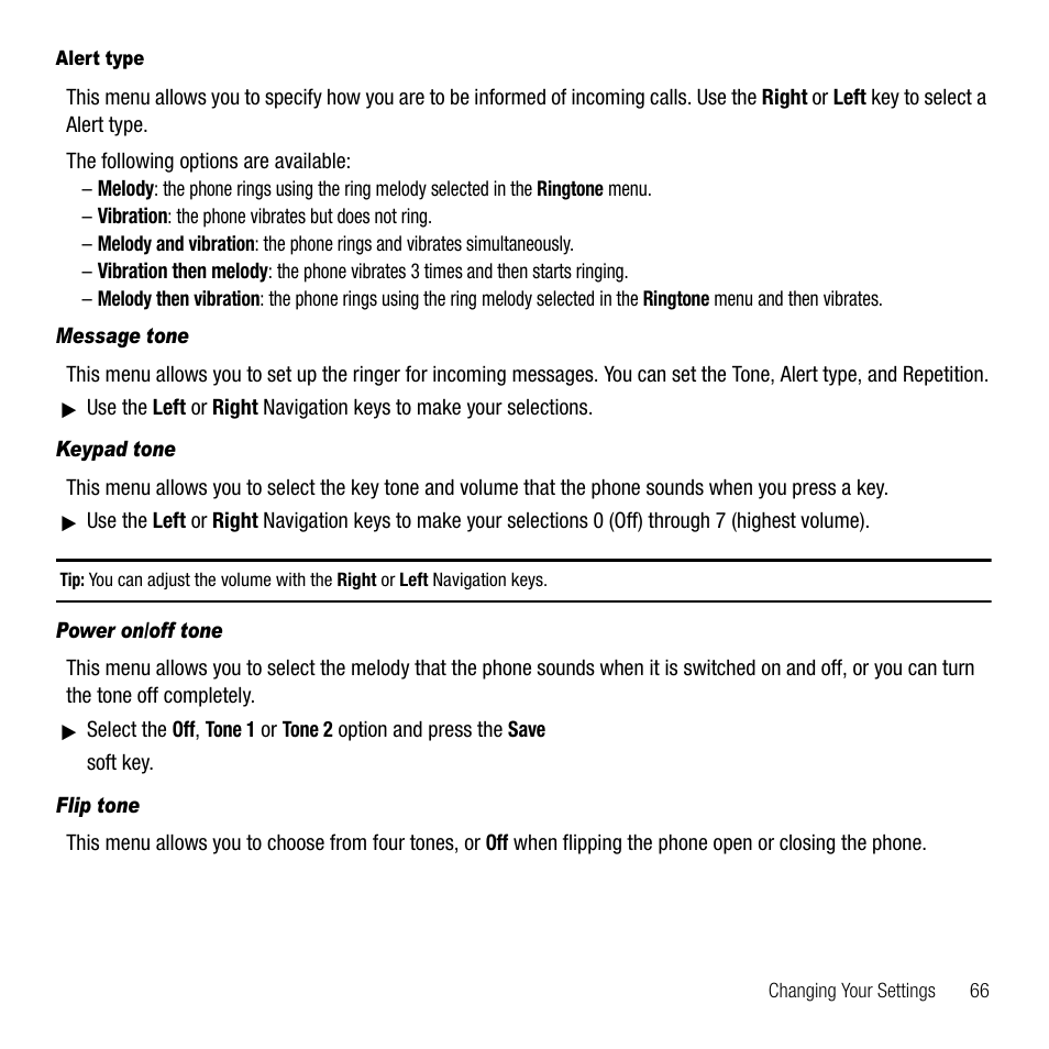 Message tone, Keypad tone, Power on/off tone | Flip tone | Samsung SGH-T229SRATMB User Manual | Page 69 / 140