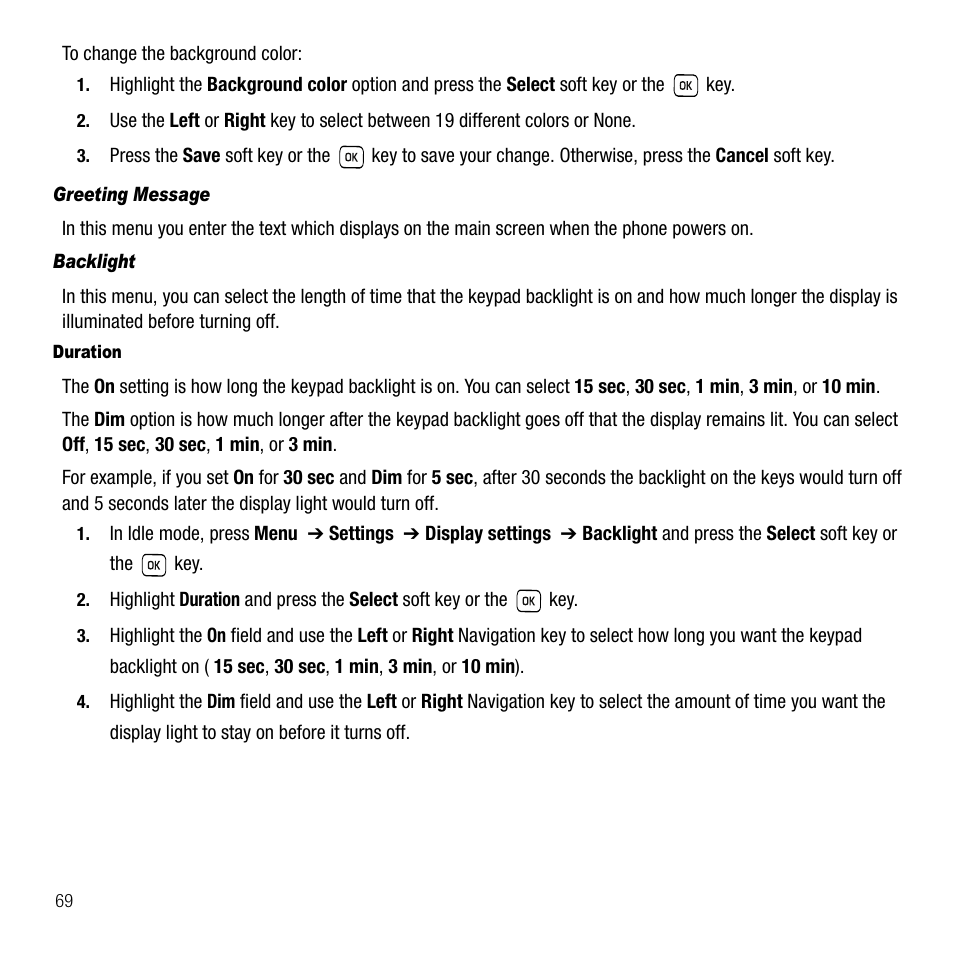 Greeting message, Backlight | Samsung SGH-T229SRATMB User Manual | Page 72 / 140