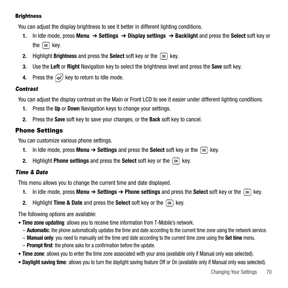 Contrast, Phone settings, Time & date | Samsung SGH-T229SRATMB User Manual | Page 73 / 140