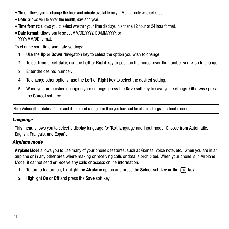 Language, Airplane mode | Samsung SGH-T229SRATMB User Manual | Page 74 / 140
