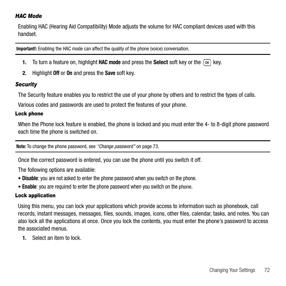 Hac mode, Security | Samsung SGH-T229SRATMB User Manual | Page 75 / 140