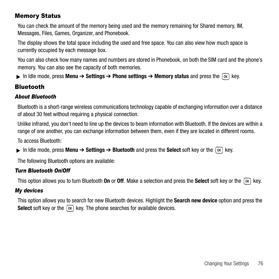 Memory status, Bluetooth, About bluetooth | Turn bluetooth on/off, My devices | Samsung SGH-T229SRATMB User Manual | Page 79 / 140