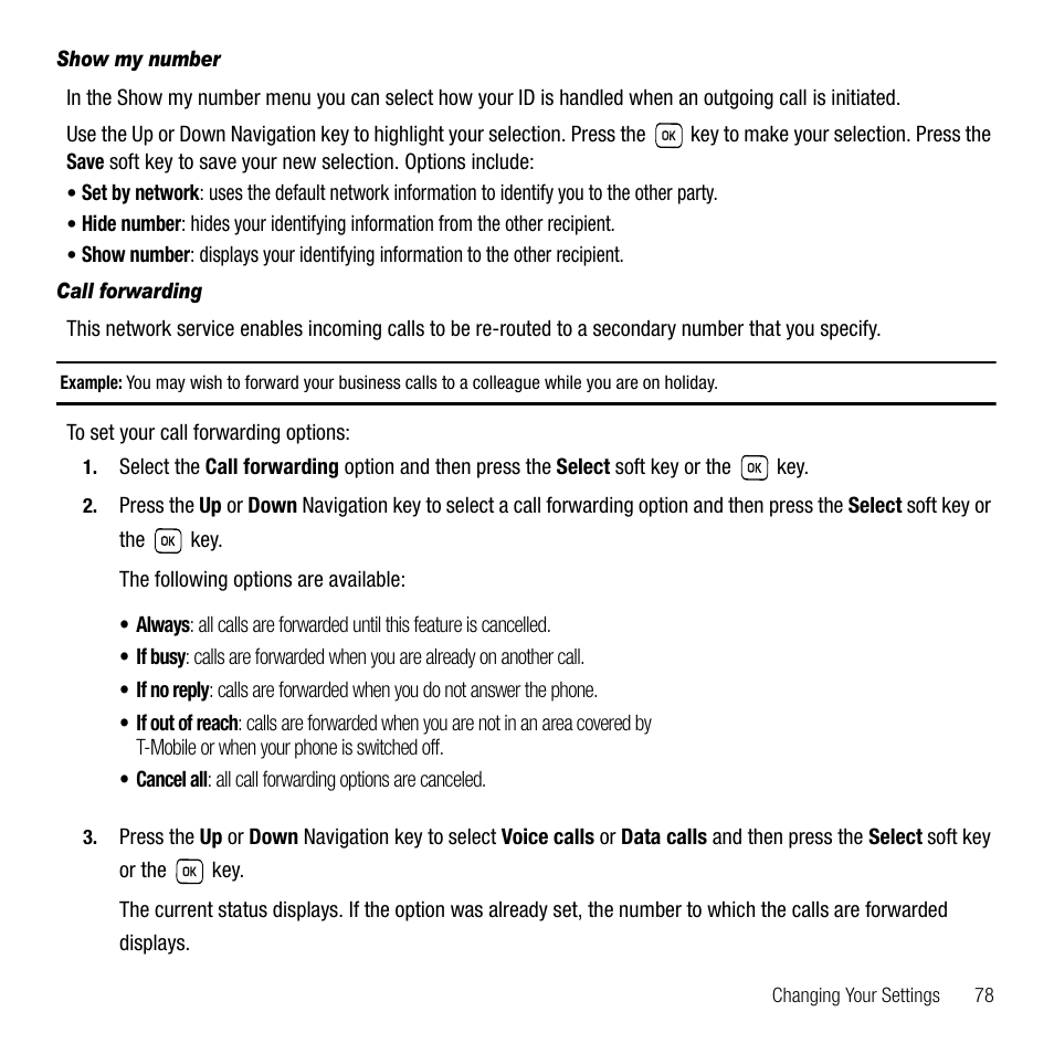 Show my number, Call forwarding | Samsung SGH-T229SRATMB User Manual | Page 81 / 140