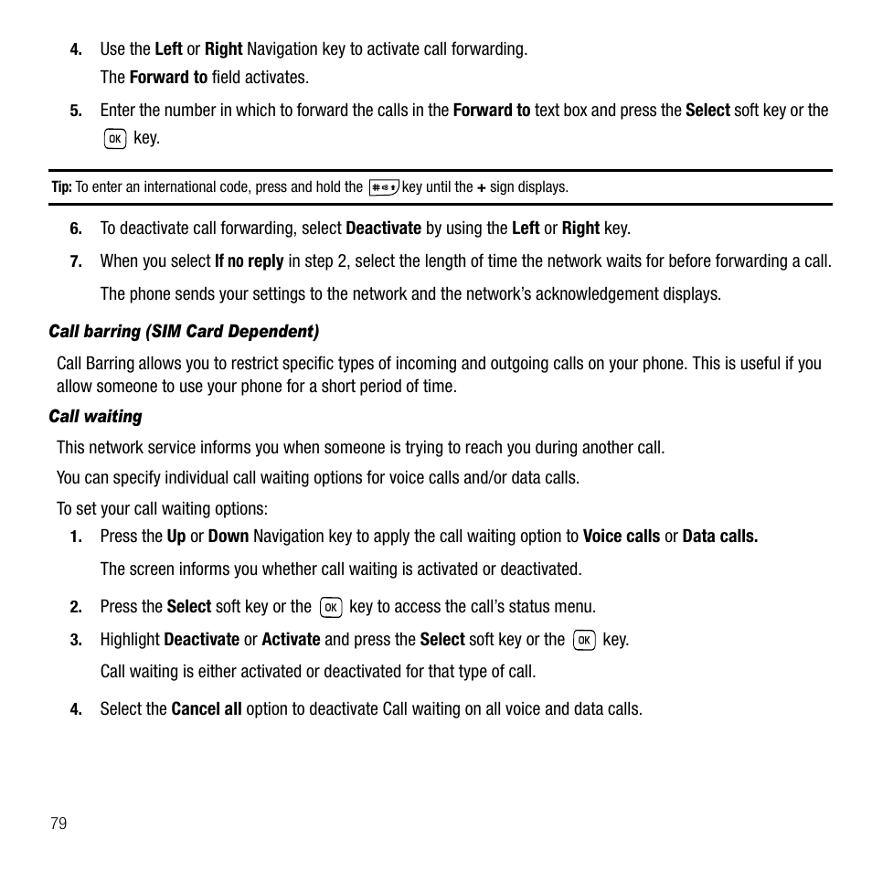 Call barring (sim card dependent), Call waiting | Samsung SGH-T229SRATMB User Manual | Page 82 / 140