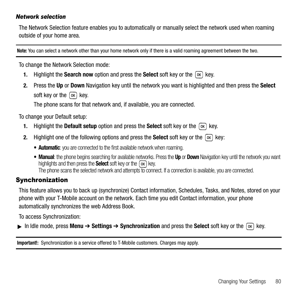 Network selection, Synchronization | Samsung SGH-T229SRATMB User Manual | Page 83 / 140