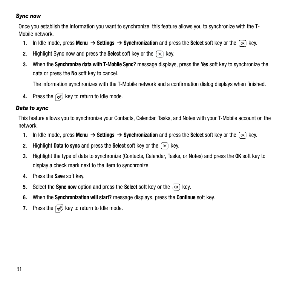 Sync now, Data to sync | Samsung SGH-T229SRATMB User Manual | Page 84 / 140