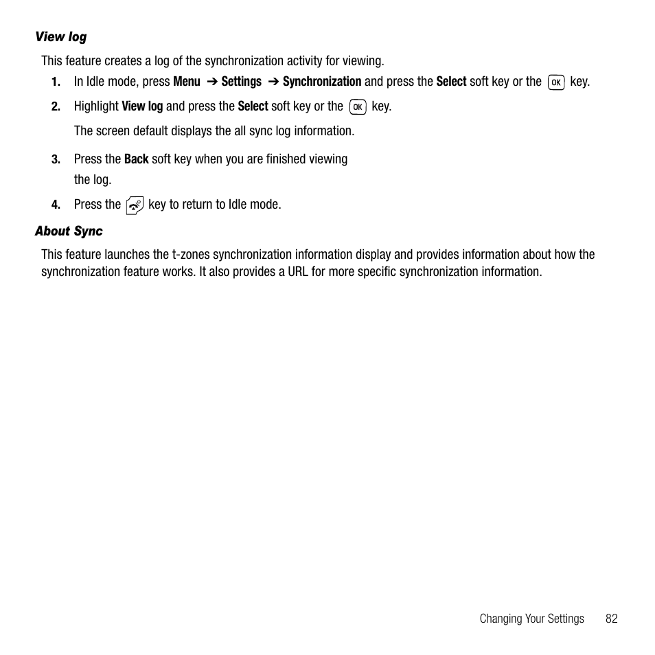 View log, About sync | Samsung SGH-T229SRATMB User Manual | Page 85 / 140