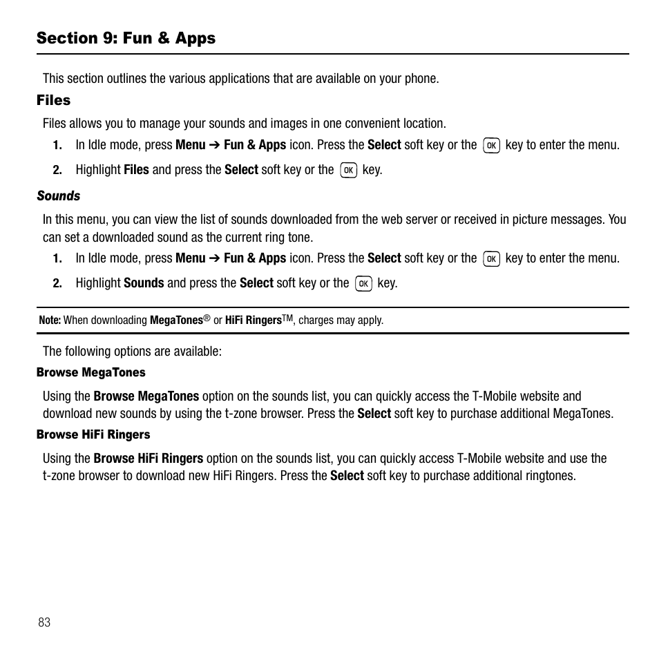 Section 9: fun & apps, Files, Sounds | Samsung SGH-T229SRATMB User Manual | Page 86 / 140