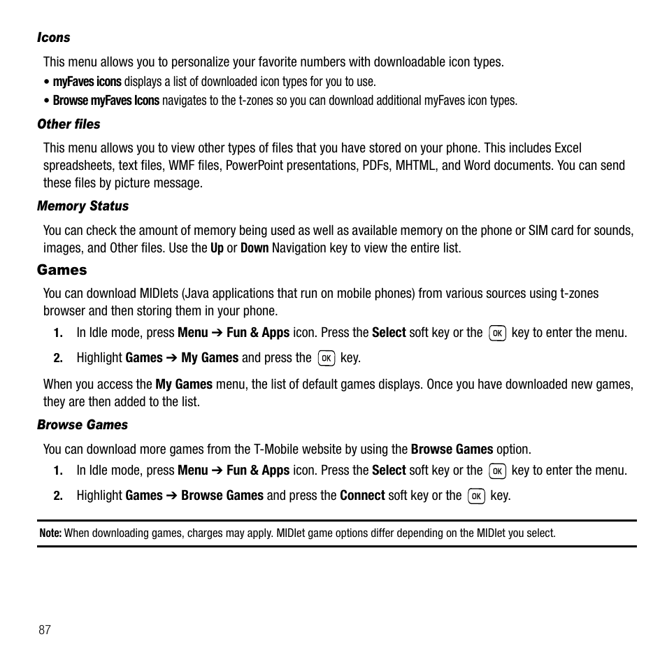 Icons, Other files, Memory status | Games, Browse games | Samsung SGH-T229SRATMB User Manual | Page 90 / 140