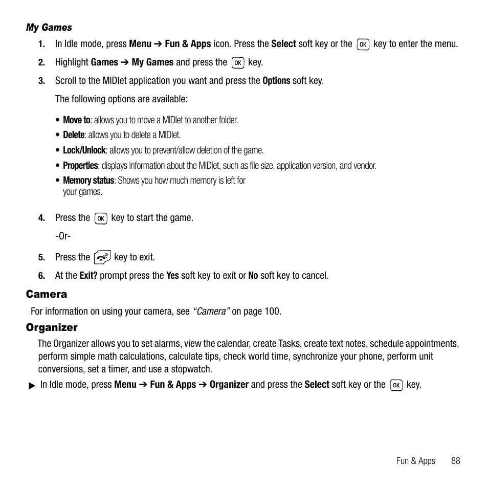 My games, Camera, Organizer | Camera organizer | Samsung SGH-T229SRATMB User Manual | Page 91 / 140