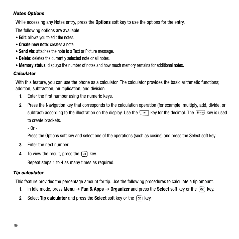 Notes options, Calculator, Tip calculator | Samsung SGH-T229SRATMB User Manual | Page 98 / 140
