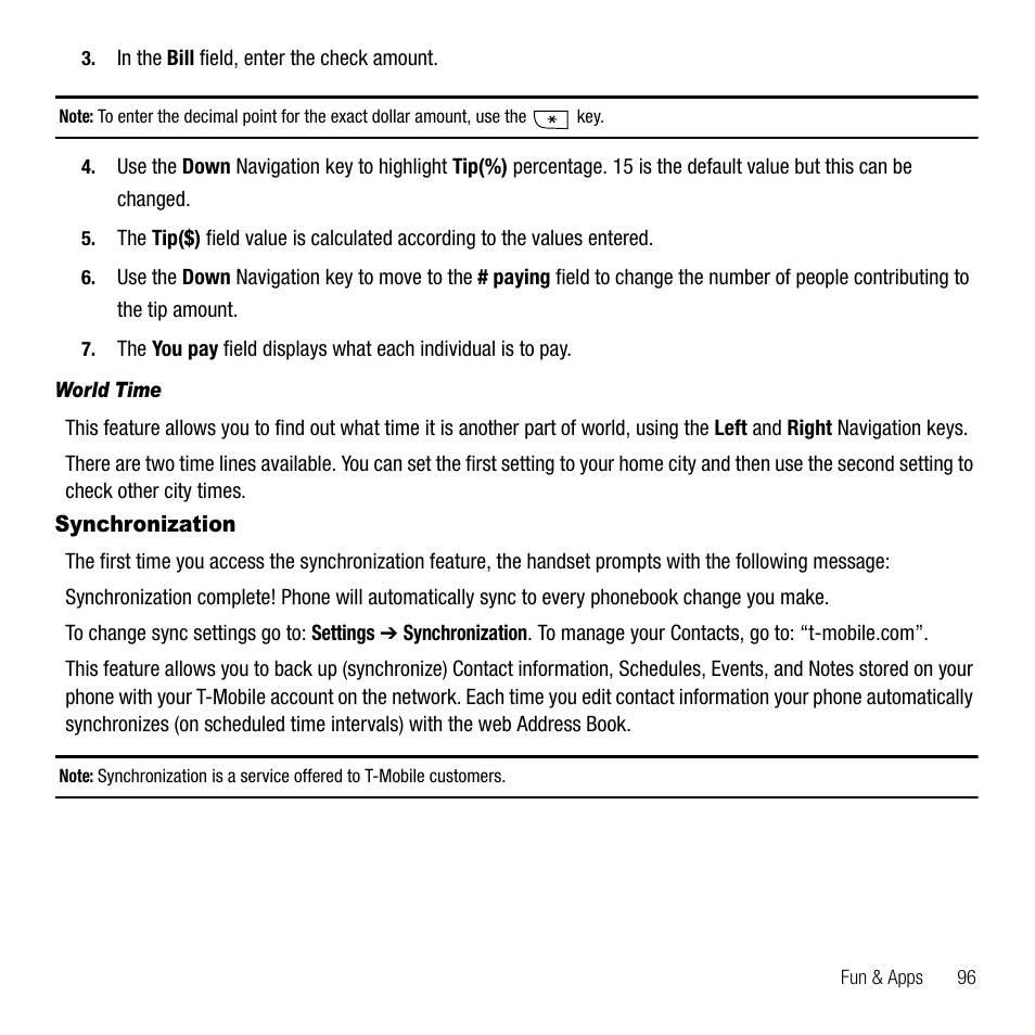 World time, Synchronization | Samsung SGH-T229SRATMB User Manual | Page 99 / 140