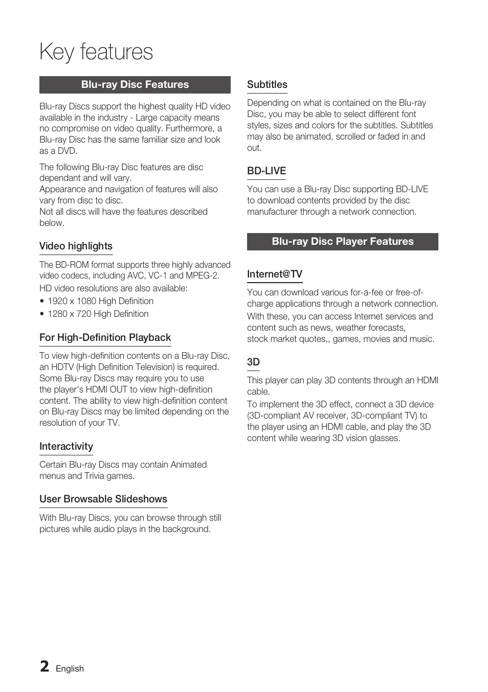 Key features, Blu-ray disc features, Blu-ray disc player features | Samsung BD-C6900-XAA User Manual | Page 2 / 71