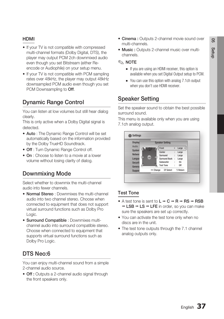 Dynamic range control, Downmixing mode, Dts neo:6 | Speaker setting | Samsung BD-C6900-XAA User Manual | Page 37 / 71
