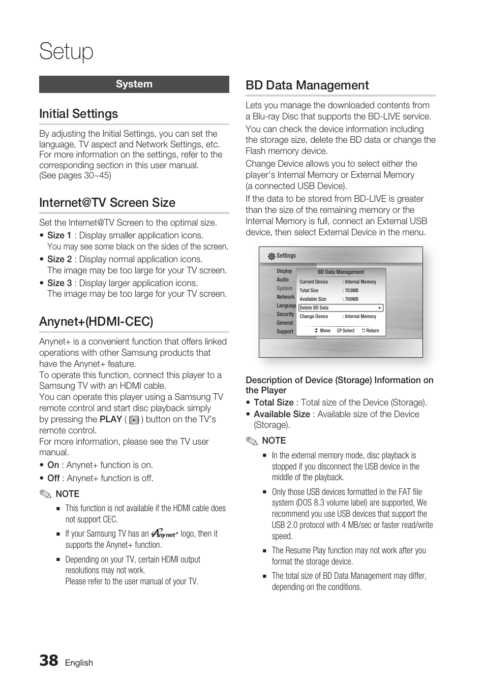 System, Initial settings, Internet@tv screen size | Anynet+(hdmi-cec), Bd data management, Setup | Samsung BD-C6900-XAA User Manual | Page 38 / 71