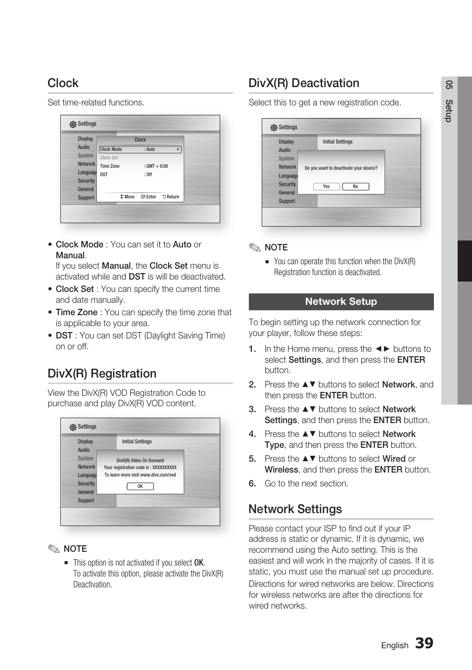 Clock, Divx(r) registration, Divx(r) deactivation | Network setup, Network settings | Samsung BD-C6900-XAA User Manual | Page 39 / 71