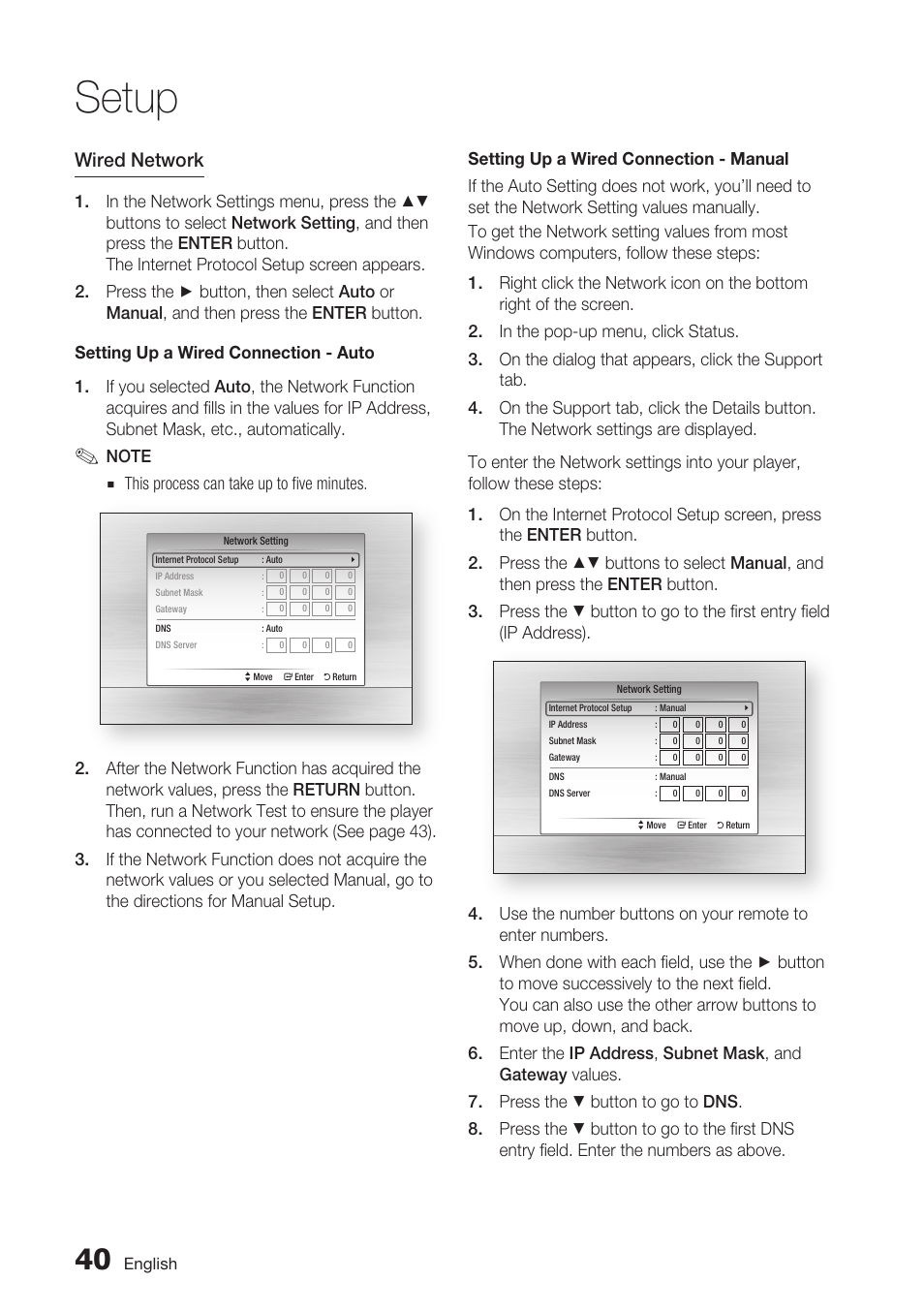 Setup, Wired network | Samsung BD-C6900-XAA User Manual | Page 40 / 71