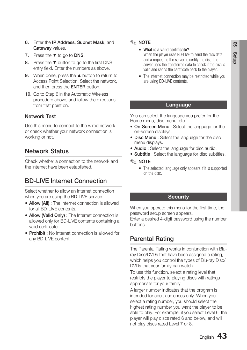 Network status, Bd-live internet connection, Language | Security, Parental rating | Samsung BD-C6900-XAA User Manual | Page 43 / 71