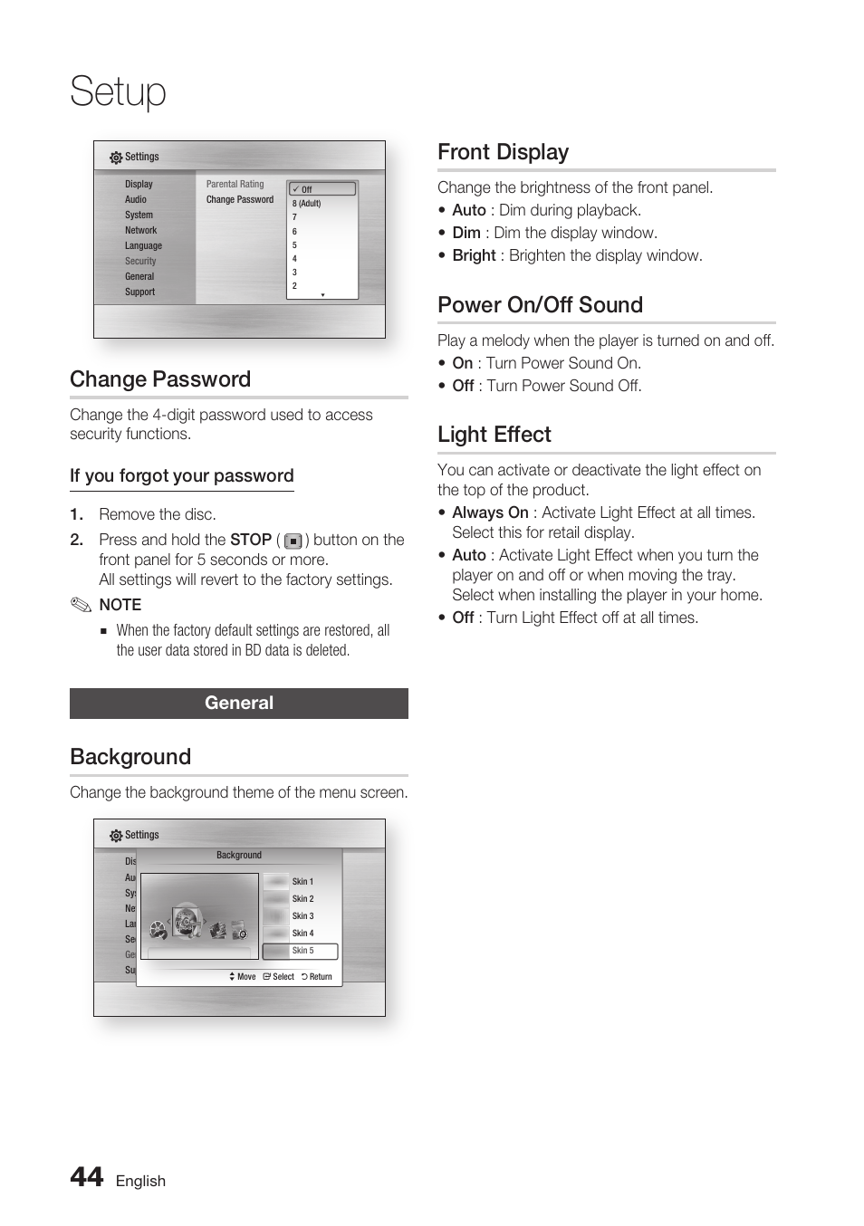 Change password, General, Background | Front display, Power on/off sound, Light effect, Setup | Samsung BD-C6900-XAA User Manual | Page 44 / 71