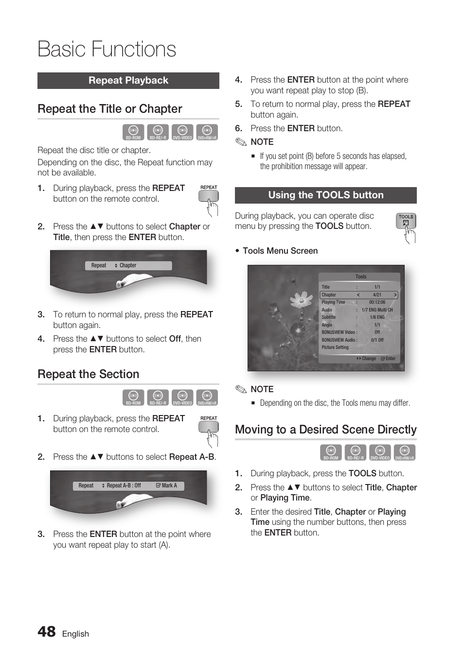 Repeat playback, Repeat the title or chapter, Repeat the section | Using the tools button, Moving to a desired scene directly, Basic functions | Samsung BD-C6900-XAA User Manual | Page 48 / 71