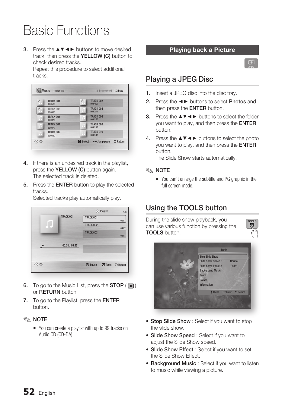 Playing back a picture, Playing a jpeg disc, Using the tools button | Basic functions | Samsung BD-C6900-XAA User Manual | Page 52 / 71