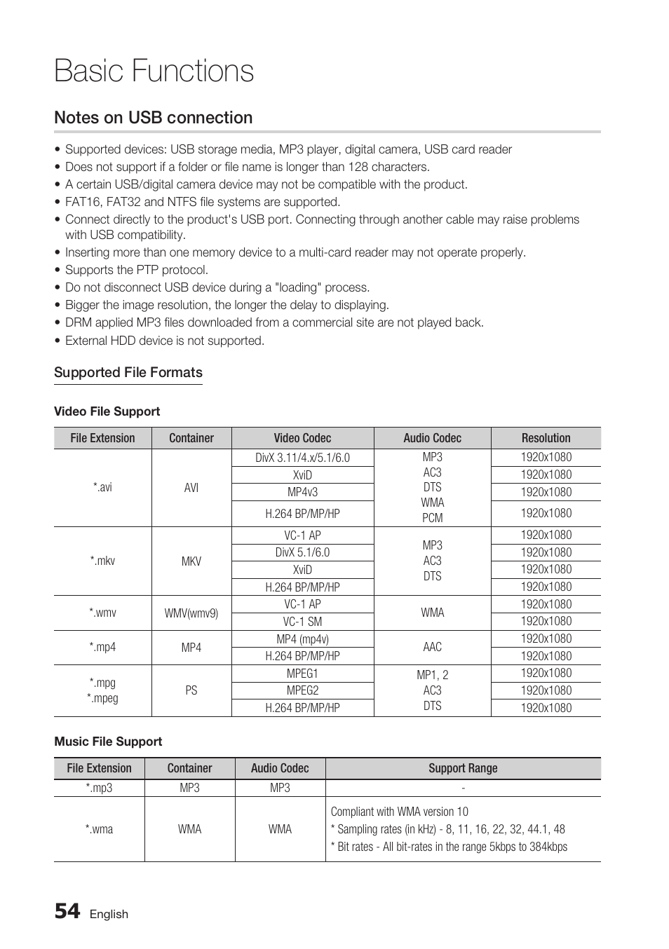 Notes on usb connection, Basic functions | Samsung BD-C6900-XAA User Manual | Page 54 / 71