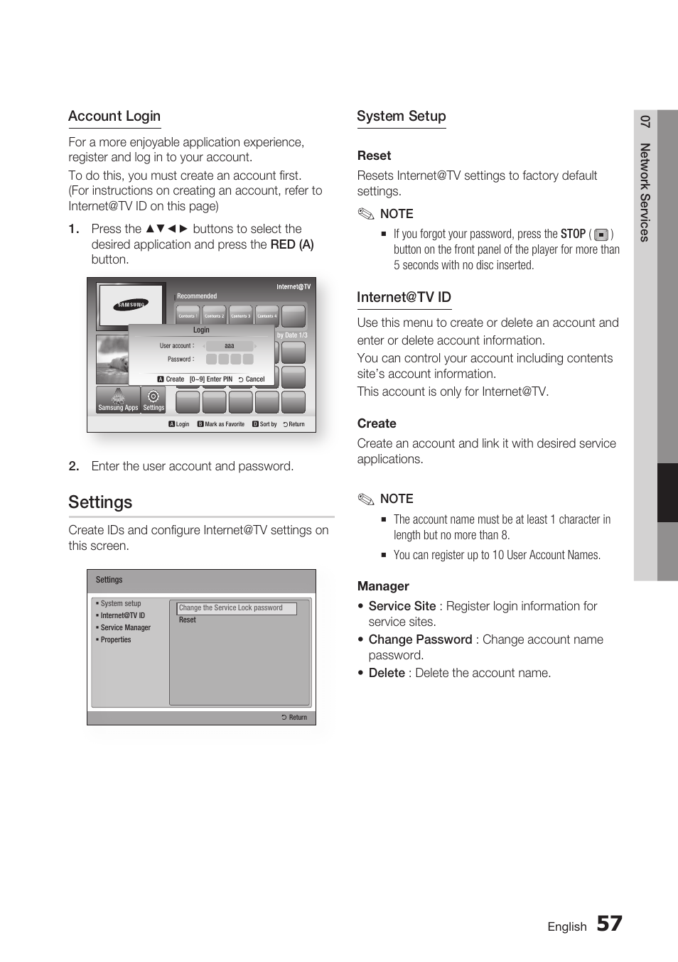 Settings, Account login, System setup | Internet@tv id | Samsung BD-C6900-XAA User Manual | Page 57 / 71