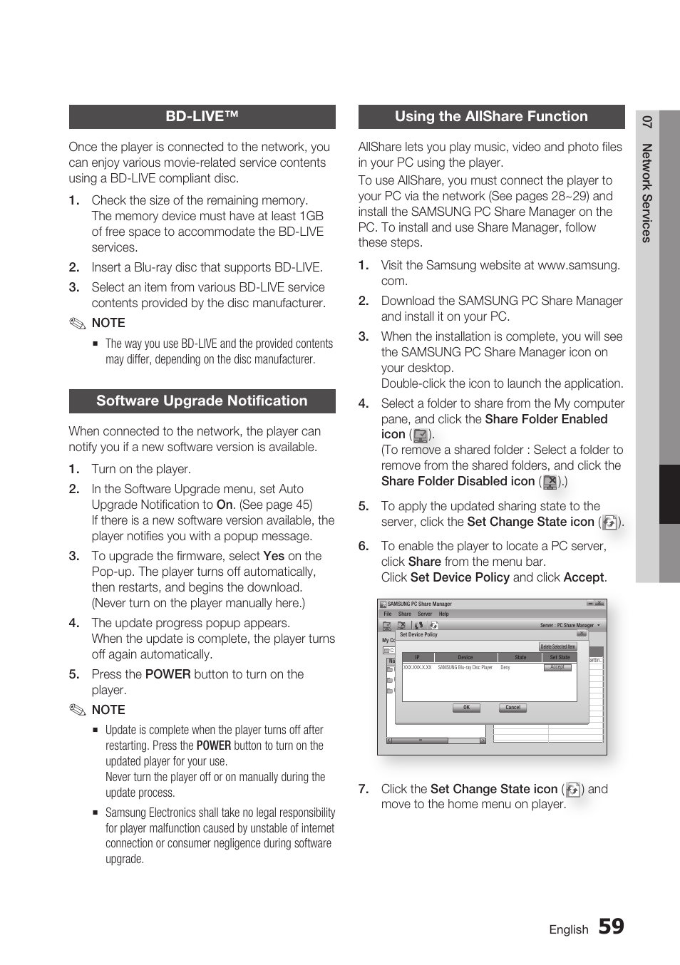 Bd-live, Software upgrade notification, Using the allshare function | Samsung BD-C6900-XAA User Manual | Page 59 / 71