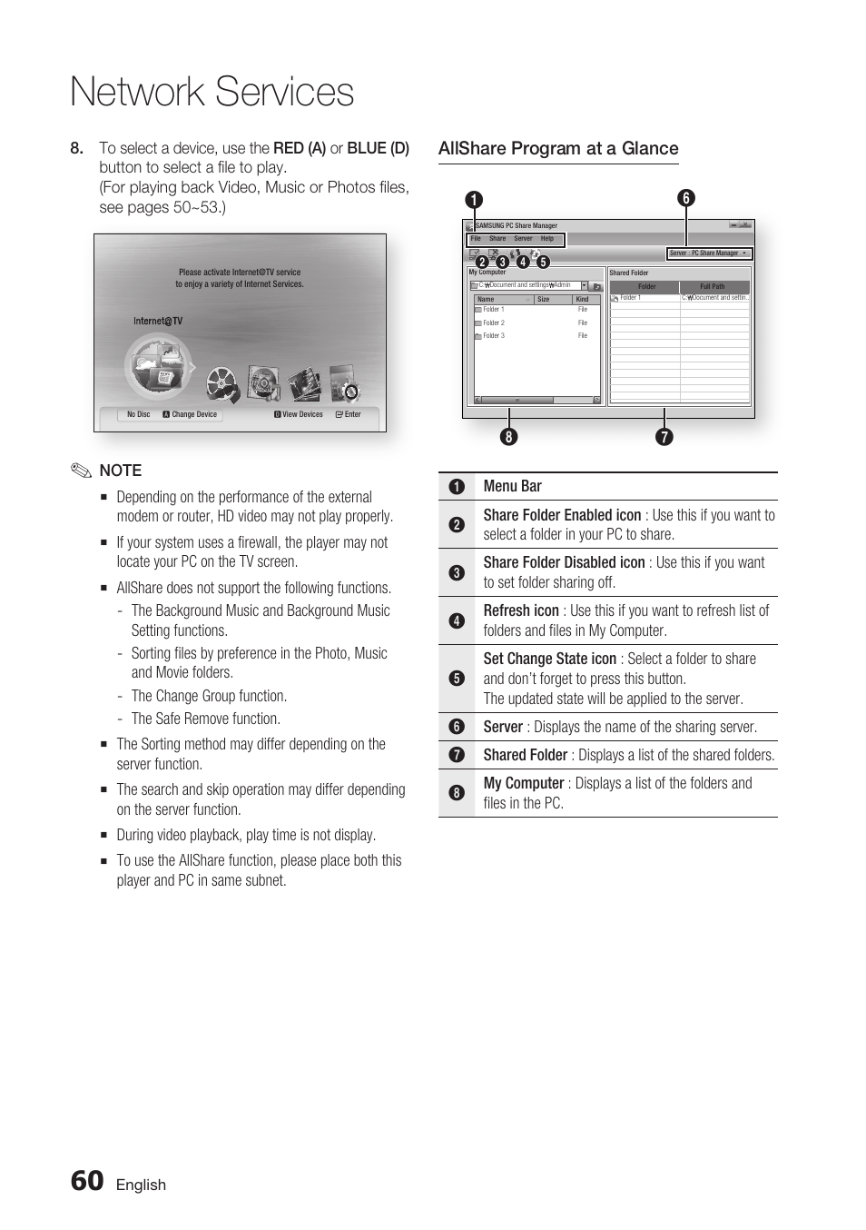 Network services, Allshare program at a glance | Samsung BD-C6900-XAA User Manual | Page 60 / 71