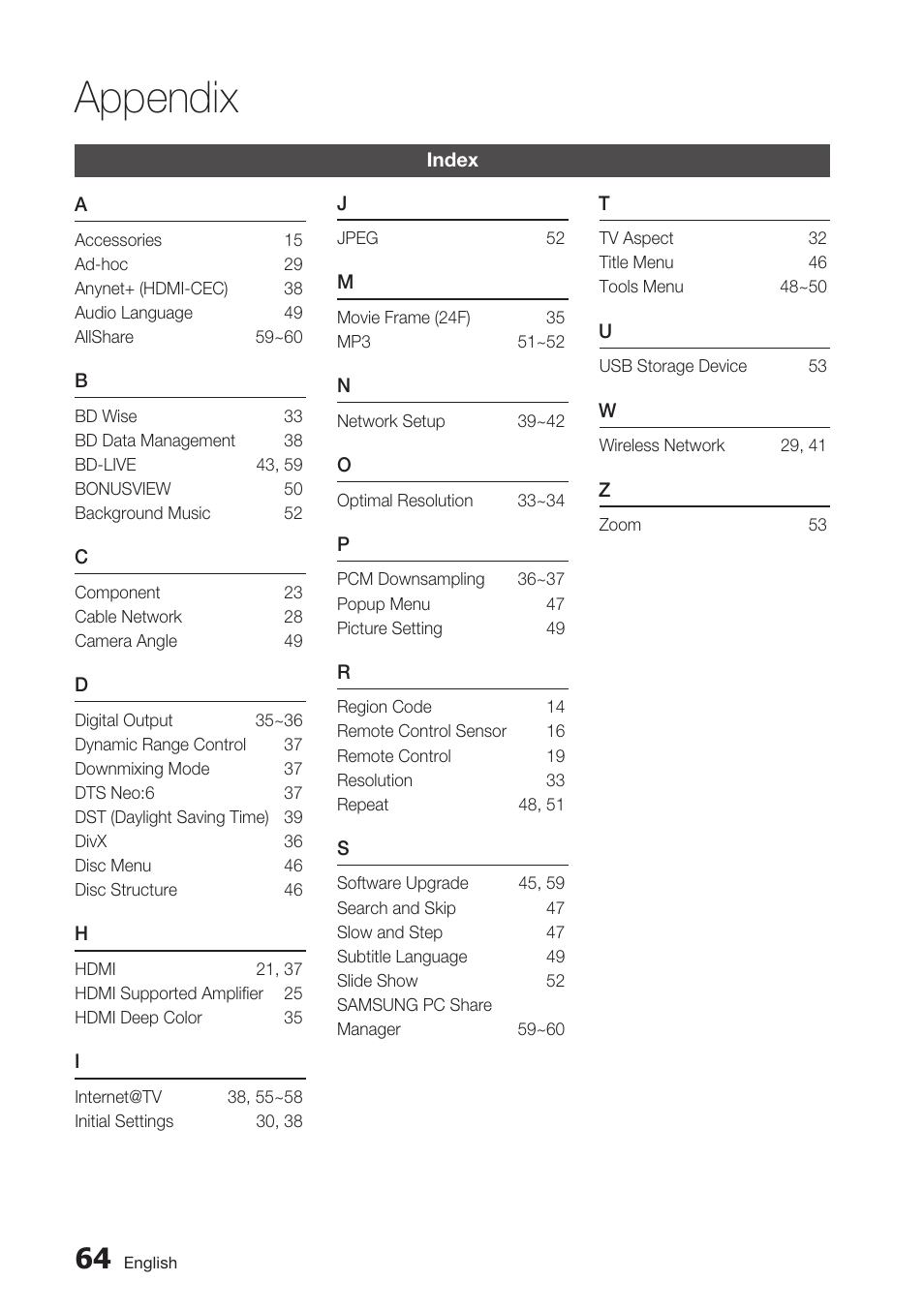 Index, Appendix | Samsung BD-C6900-XAA User Manual | Page 64 / 71