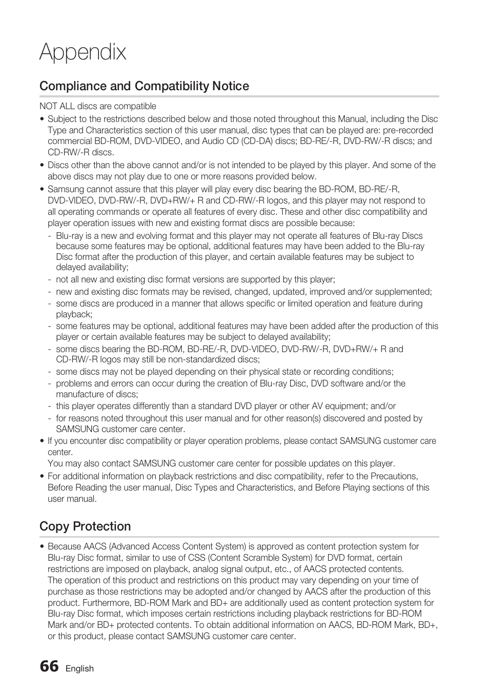 Compliance and compatibility notice, Copy protection, Appendix | Samsung BD-C6900-XAA User Manual | Page 66 / 71