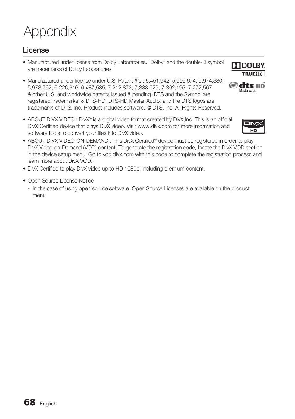 License, Appendix | Samsung BD-C6900-XAA User Manual | Page 68 / 71