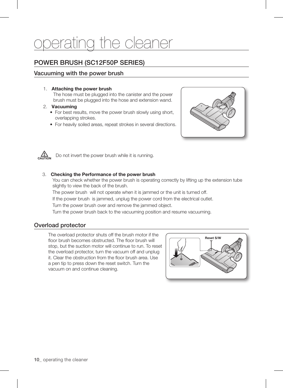 Operating the cleaner, Power brush (sc12f50p series) | Samsung VC12F50PRJC-AA User Manual | Page 10 / 72
