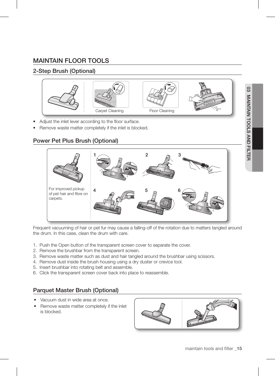 Maintain floor tools | Samsung VC12F50PRJC-AA User Manual | Page 15 / 72